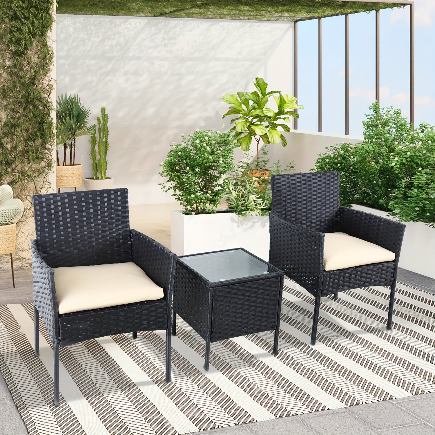 3pcs Outdoor Rattan Bistro Set: 2 Chairs with Cushions & Safety Glass Table for Patio
