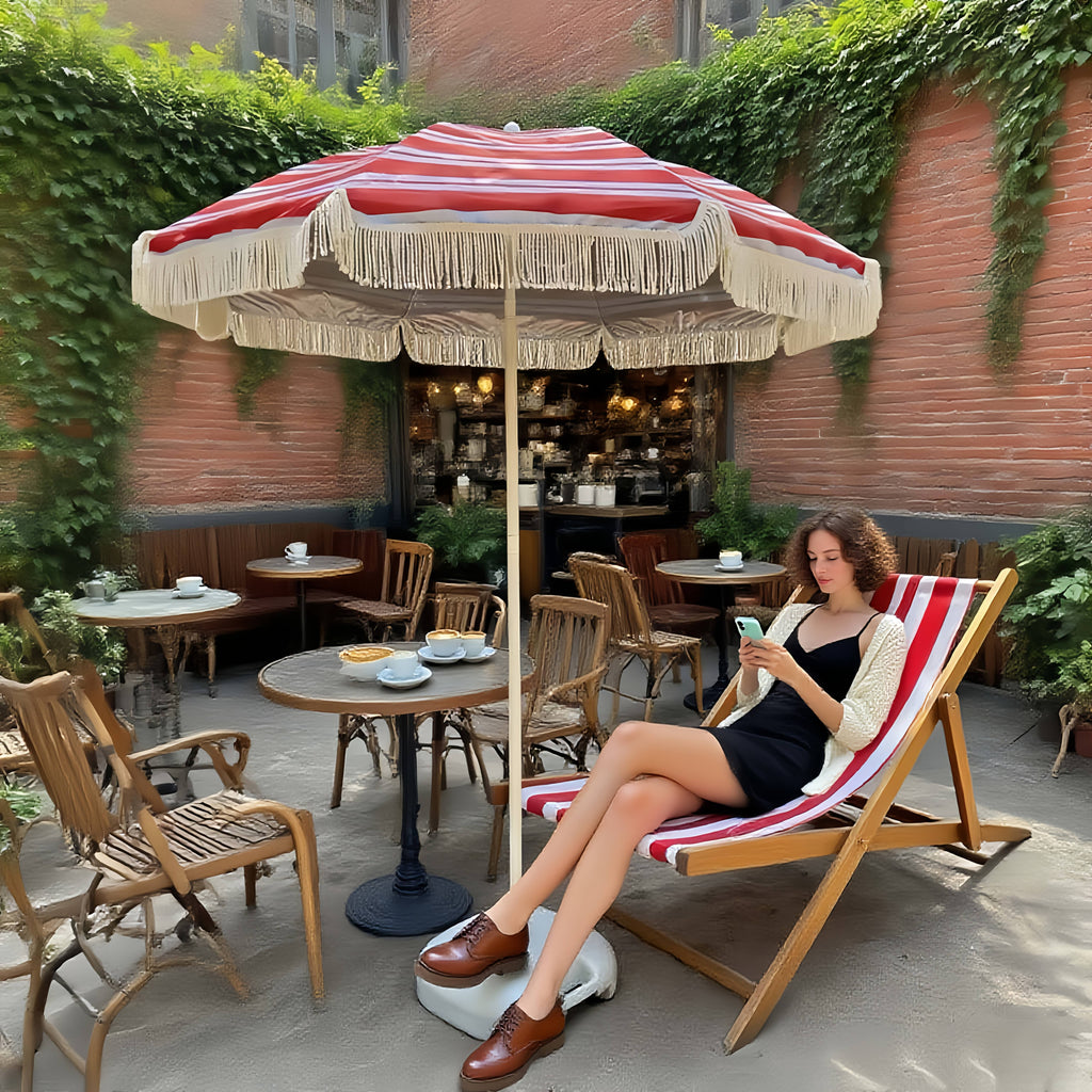 Boho Chic Red & White Striped Tassel Umbrella - Manual Open