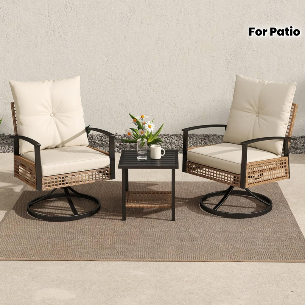 2pcs Outdoor Swivel Chairs with 1 Coffee Table, Set with Armrests