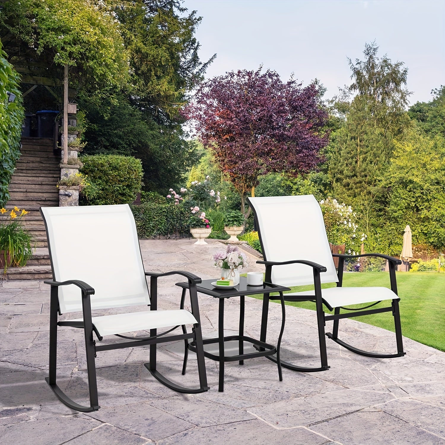Jamfly 3pcs White Metal Rocking Bistro Set with Glass Coffee Table & Rocker Chairs