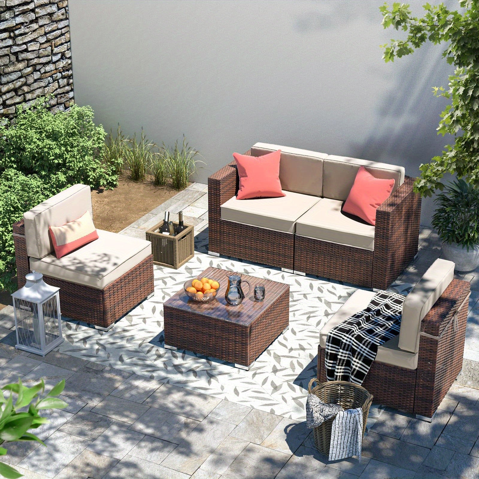 YOUDENOVA 5pcs Outdoor Sectional Sofa with Tea Table and Ottoman
