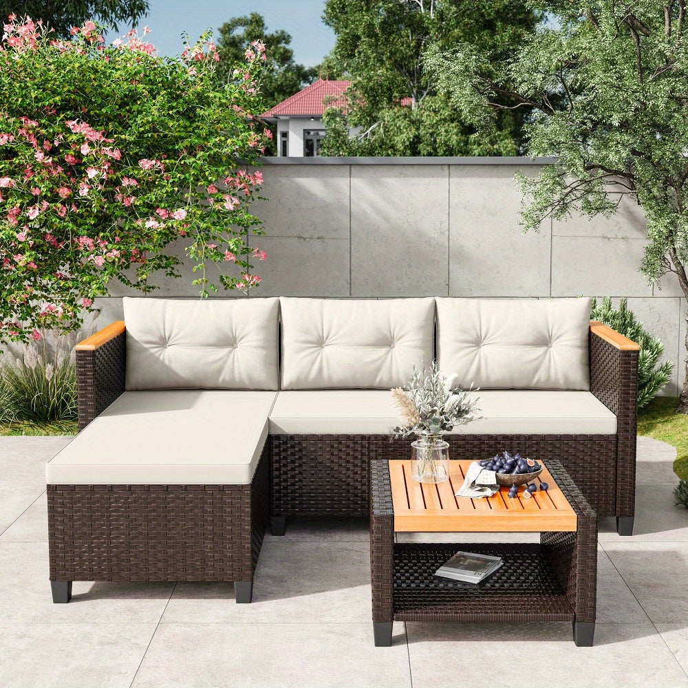 RoyalCraft 3pcs Outdoor Patio Furniture Set - L-Shaped Sectional with Storage Table & Cushions