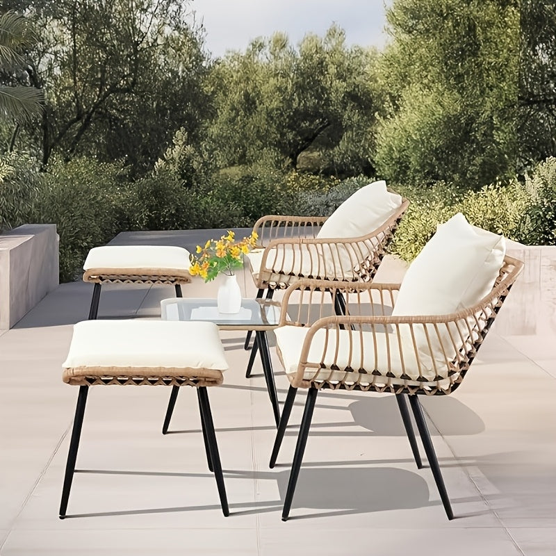 5pcs Outdoor PE Rattan Furniture Set with 2 Footstools And Coffee Table - Weather Resistant Rattan Sofa Set for Garden, Balcony, Backyard (Easy to Assemble), Patio Sofa Set, Balcony Furniture, Sectional Patio Furniture, Backyard Furniture
