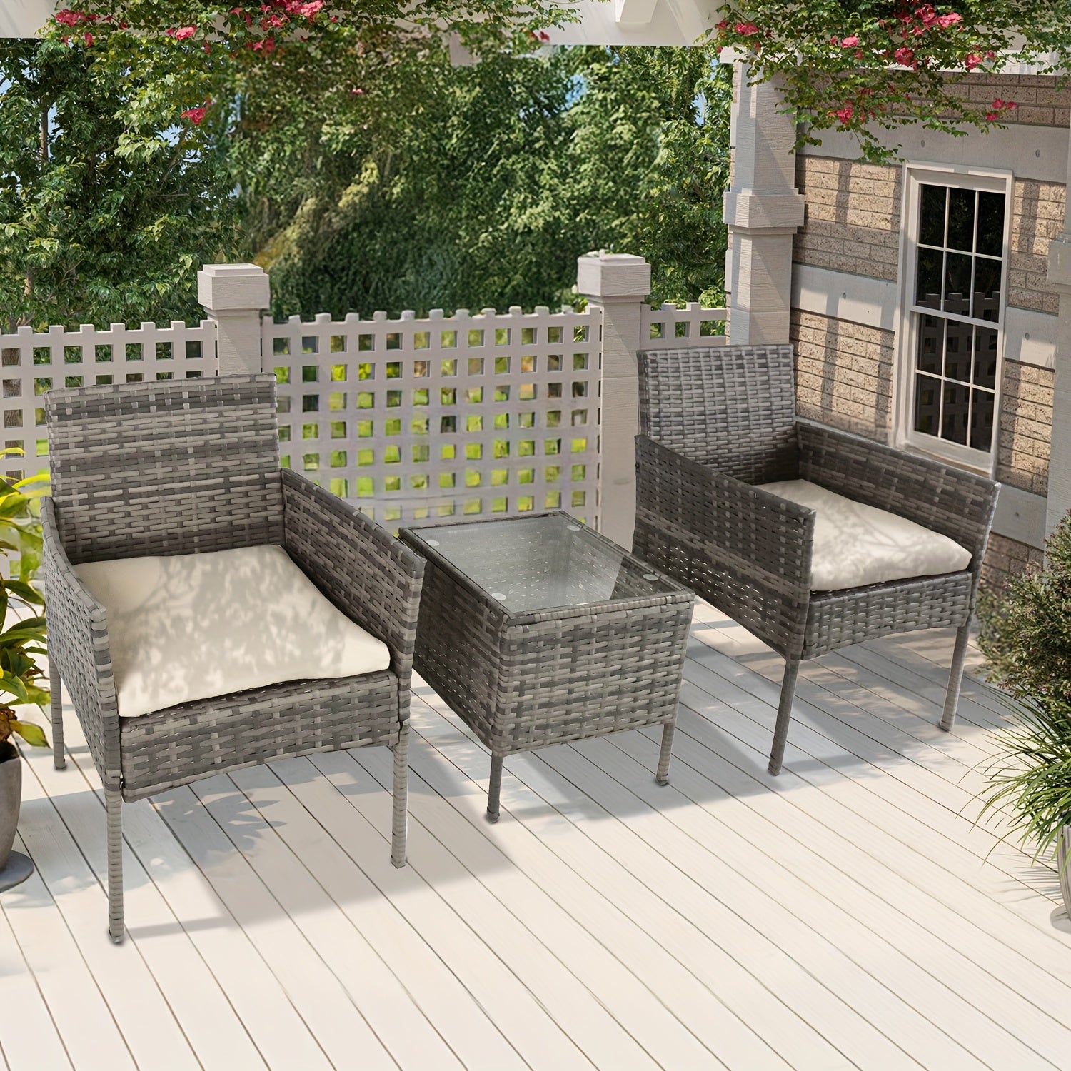 3pcs Outdoor Rattan Bistro Set: 2 Chairs with Cushions & Safety Glass Table for Patio