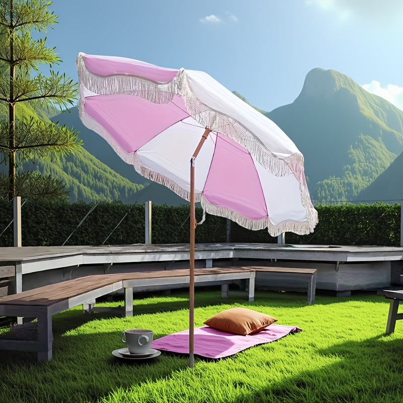 1pc Reversible Bohemian Style Striped Tassel Beach Umbrella - Windproof Steel Frame
