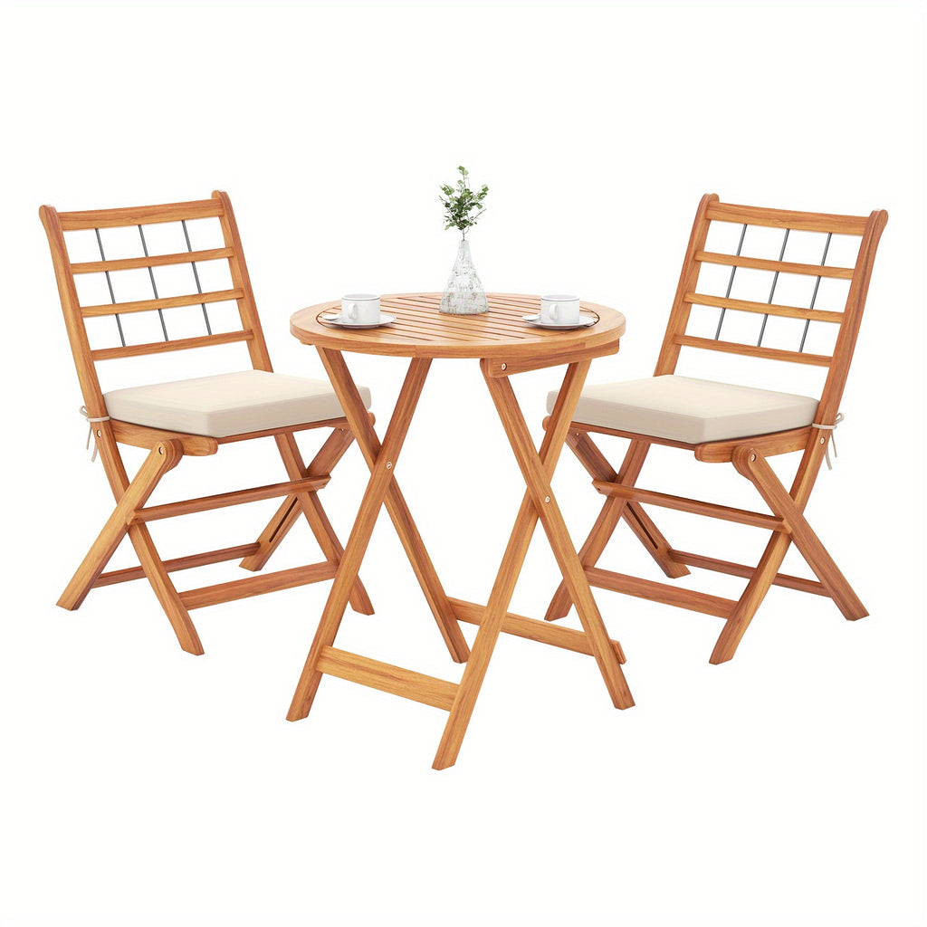 LIFEZEAL 3pcs Acacia Wood Folding Patio Bistro Set with Cushioned Chairs