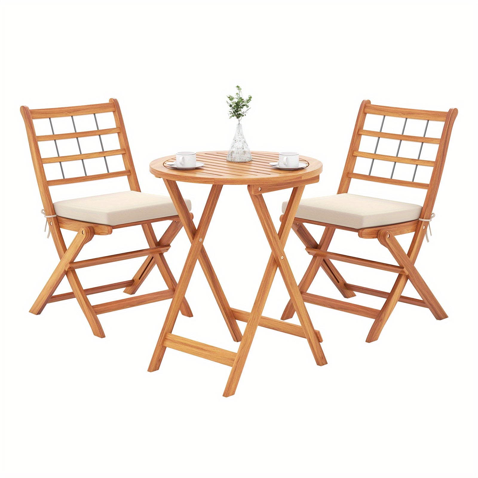 LIFEZEAL 3pcs Acacia Wood Folding Patio Bistro Set with Cushioned Chairs