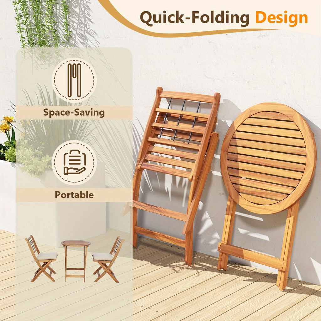 LIFEZEAL 3pcs Acacia Wood Folding Patio Bistro Set with Cushioned Chairs