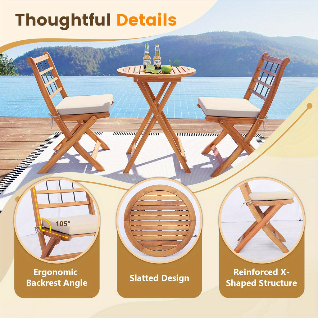 LIFEZEAL 3pcs Acacia Wood Folding Patio Bistro Set with Cushioned Chairs