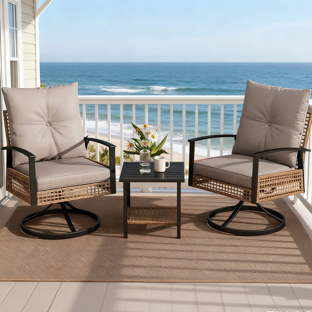2pcs Outdoor Swivel Chairs with 1 Coffee Table, Set with Armrests