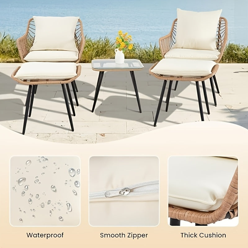 5pcs Outdoor PE Rattan Furniture Set with 2 Footstools And Coffee Table - Weather Resistant Rattan Sofa Set for Garden, Balcony, Backyard (Easy to Assemble), Patio Sofa Set, Balcony Furniture, Sectional Patio Furniture, Backyard Furniture