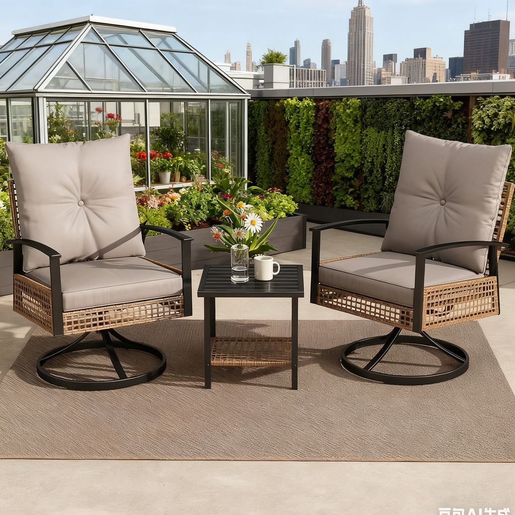 2pcs Outdoor Swivel Chairs with 1 Coffee Table, Set with Armrests