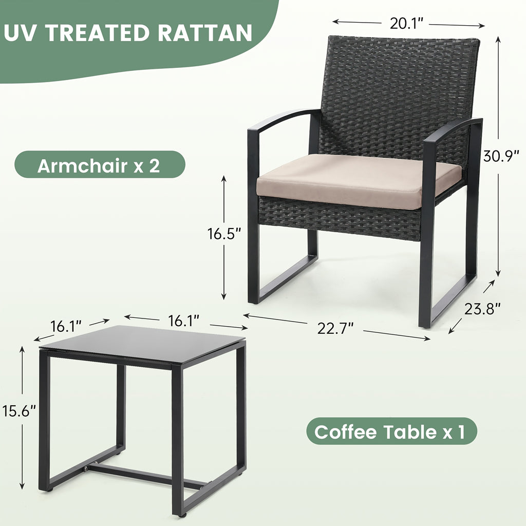 Outdoor Patio Furniture Set, Wicker for 3 People Conversation Set Includes 2 Waterproof Chairs