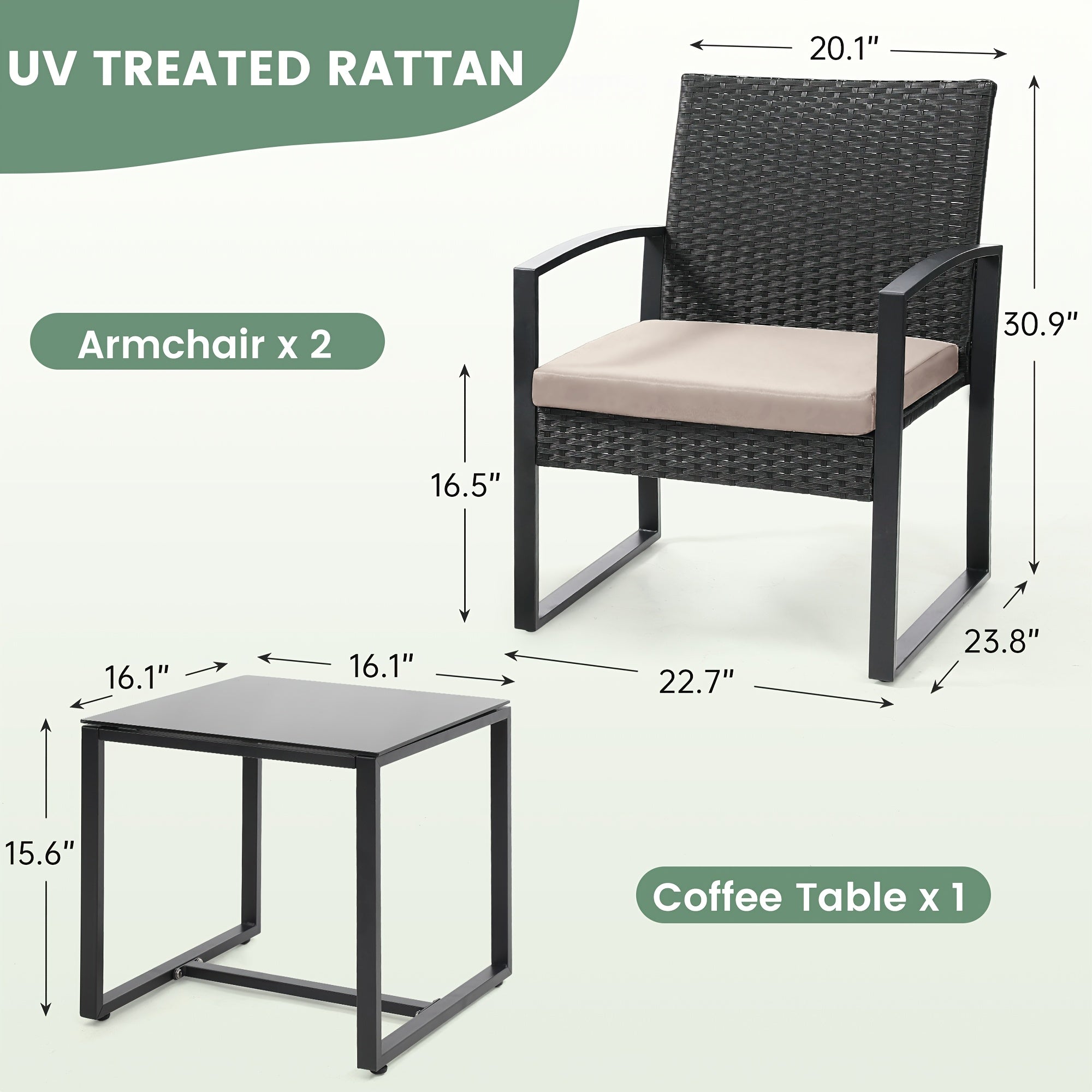 Outdoor Patio Furniture Set, Wicker for 3 People Conversation Set Includes 2 Waterproof Chairs