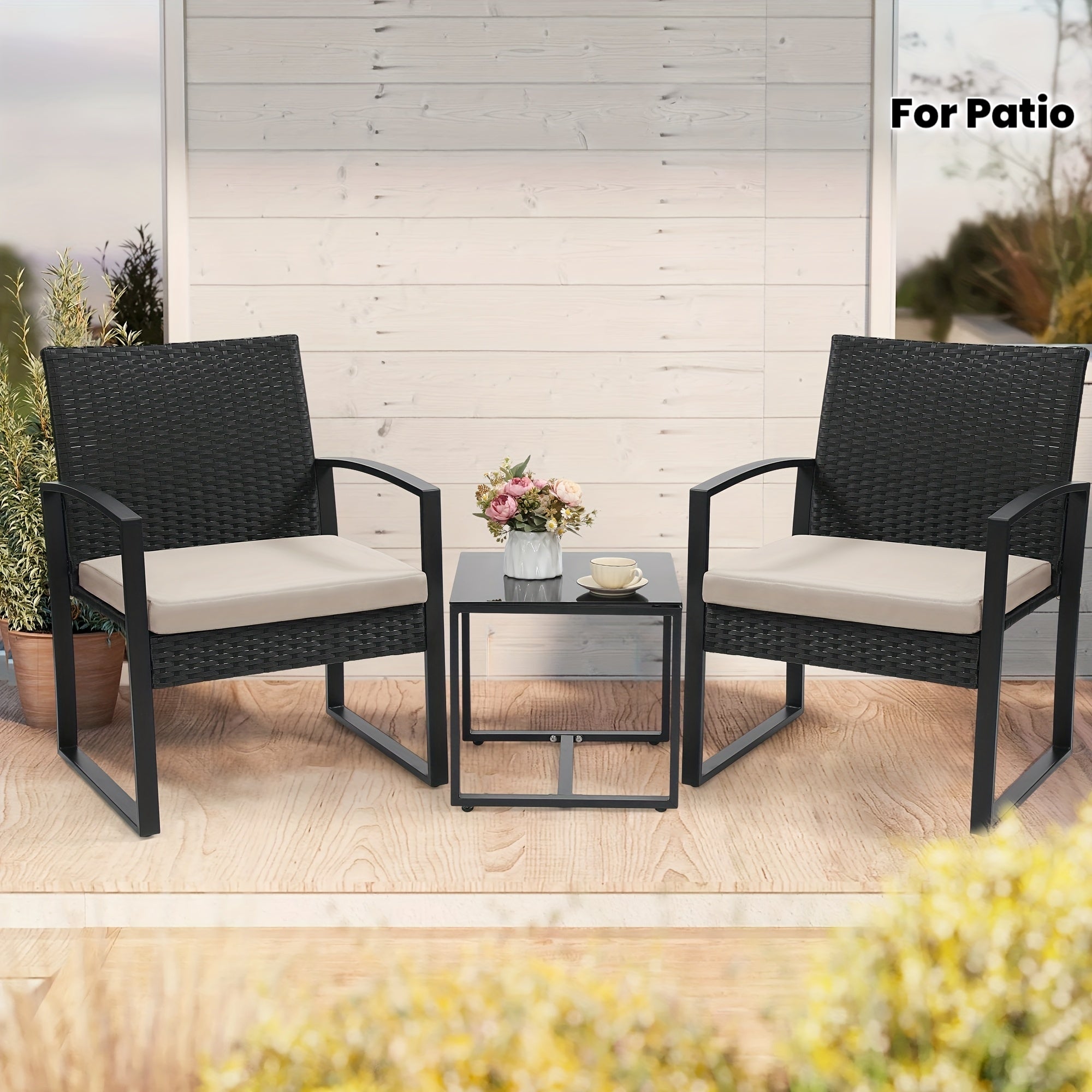 Outdoor Patio Furniture Set, Rattan 3pcs Bistro Set with Tempered Glass Table