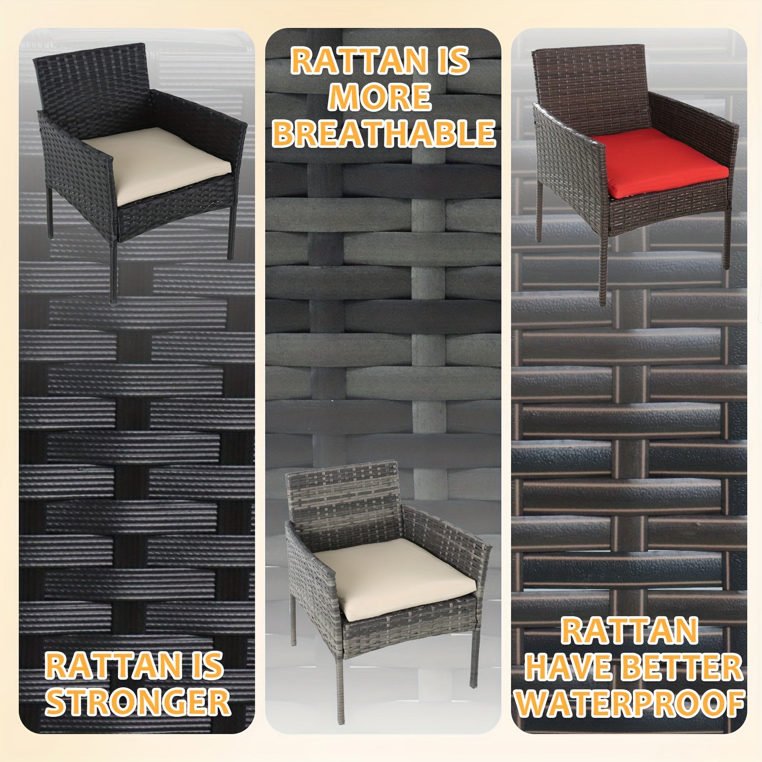 3pcs Outdoor Rattan Bistro Set: 2 Chairs with Cushions & Safety Glass Table for Patio