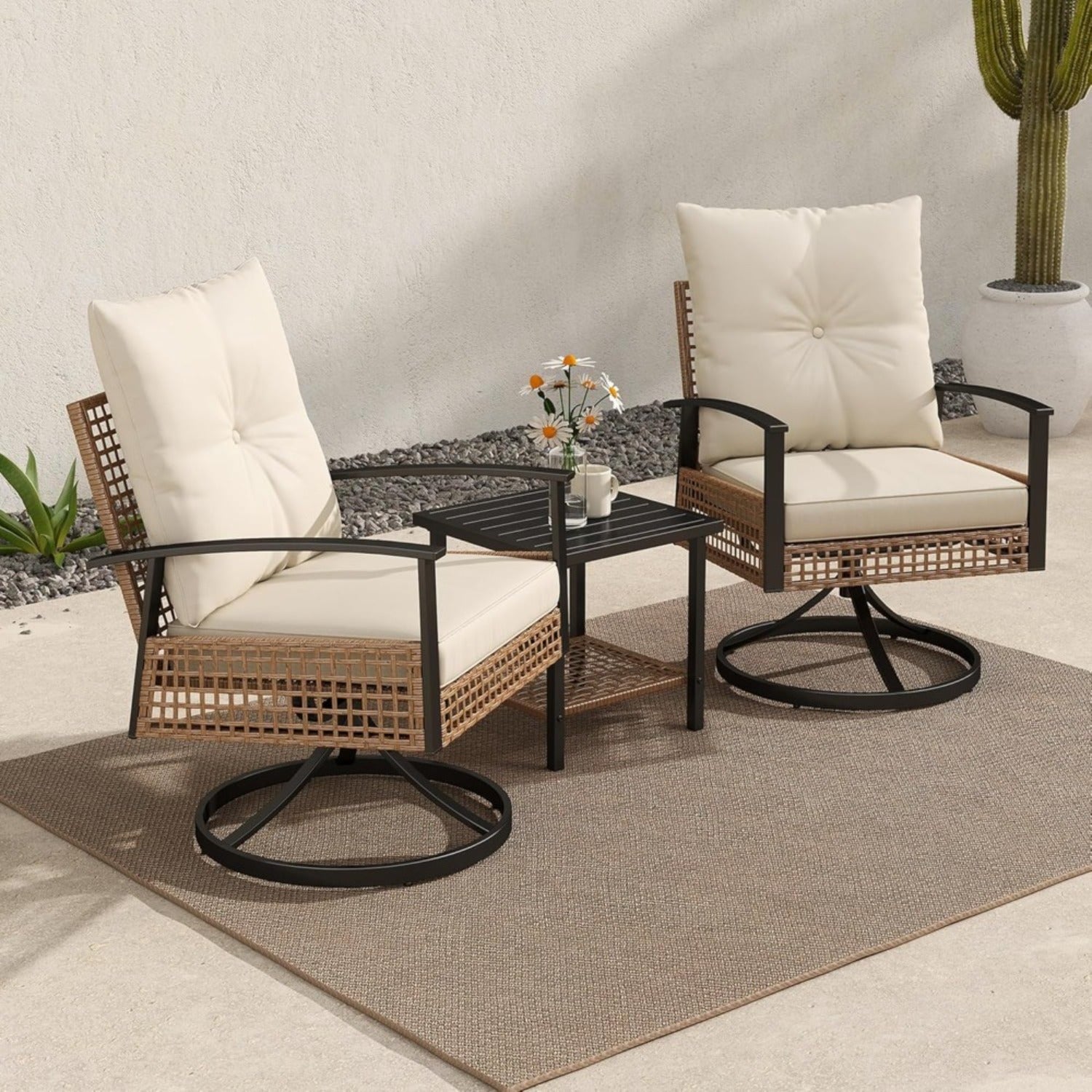 2pcs Outdoor Swivel Chairs with 1 Coffee Table, Set with Armrests