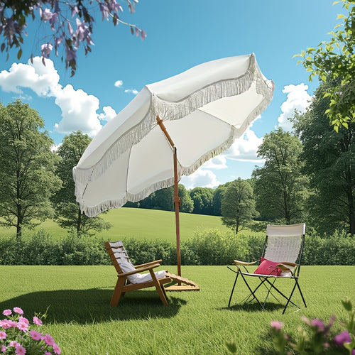 1pc Reversible Bohemian Style Striped Tassel Beach Umbrella - Windproof Steel Frame