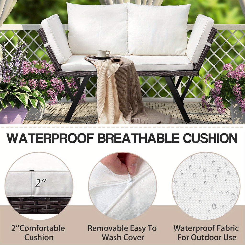 Extendable Dual Purpose Two Color Rattan Ottoman Sofa Brown