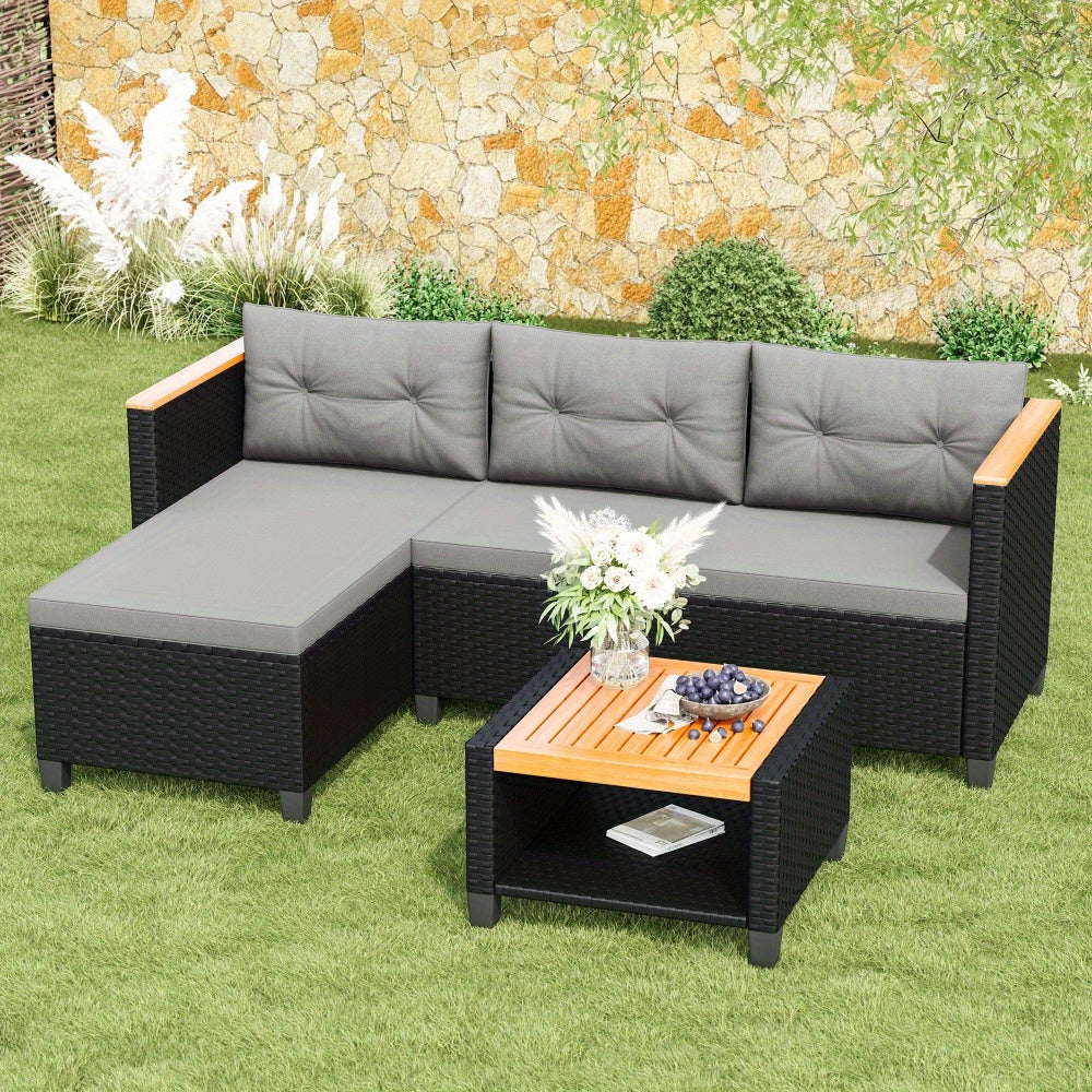 RoyalCraft 3pcs Outdoor Patio Furniture Set - L-Shaped Sectional with Storage Table & Cushions