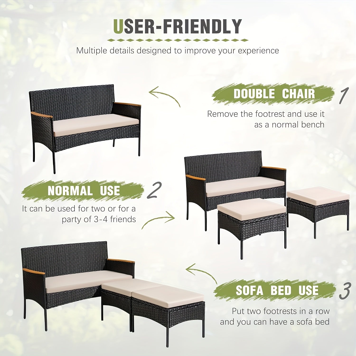 3pcs Outdoor Patio Furniture Set with Cushions - All-Weather Rattan Sofa