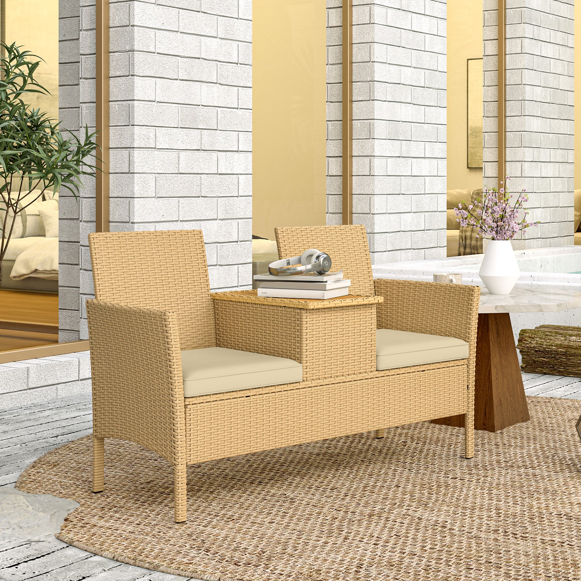 VINSETTO Rattan Patio Loveseat Sofa with Built-in Coffee Table - Khaki Outdoor Lounge Chair Set