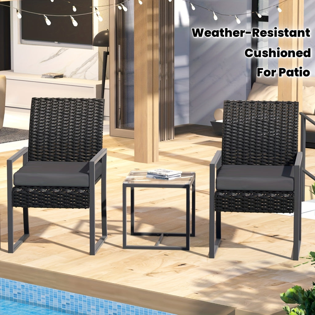 Outdoor Rattan Furniture Set Consisting of Three Pieces, Featuring Two Cushioned Chairs