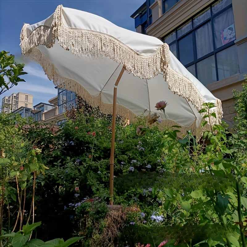 1pc Reversible Bohemian Style Striped Tassel Beach Umbrella - Windproof Steel Frame