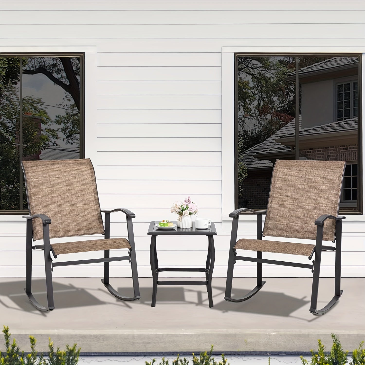 Jamfly 3pcs White Metal Rocking Bistro Set with Glass Coffee Table & Rocker Chairs