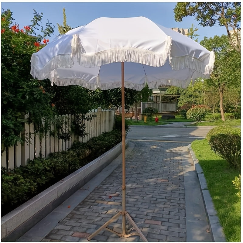 1pc Reversible Bohemian Style Striped Tassel Beach Umbrella - Windproof Steel Frame