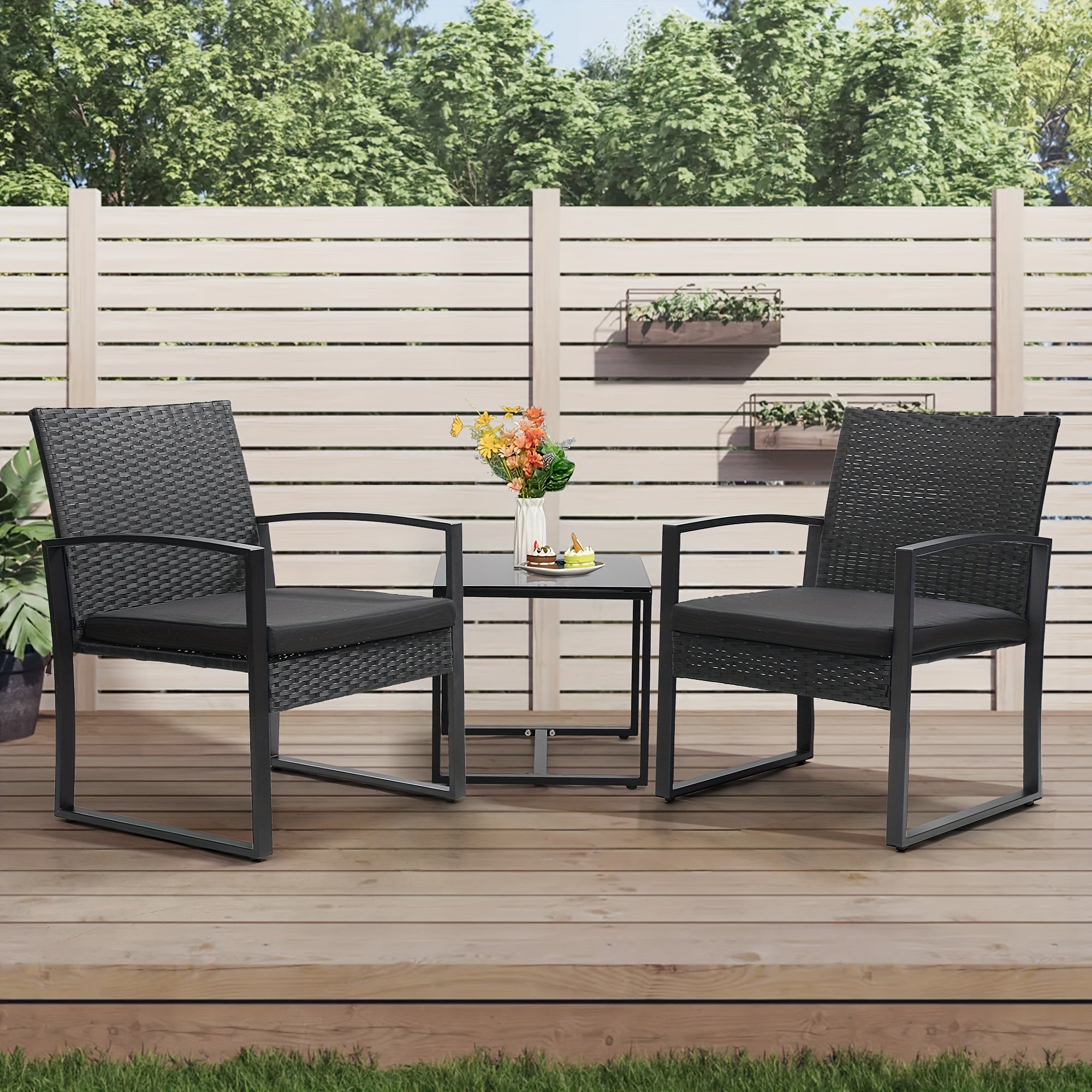 Outdoor Patio Furniture Set, Wicker for 3 People Conversation Set Includes 2 Waterproof Chairs