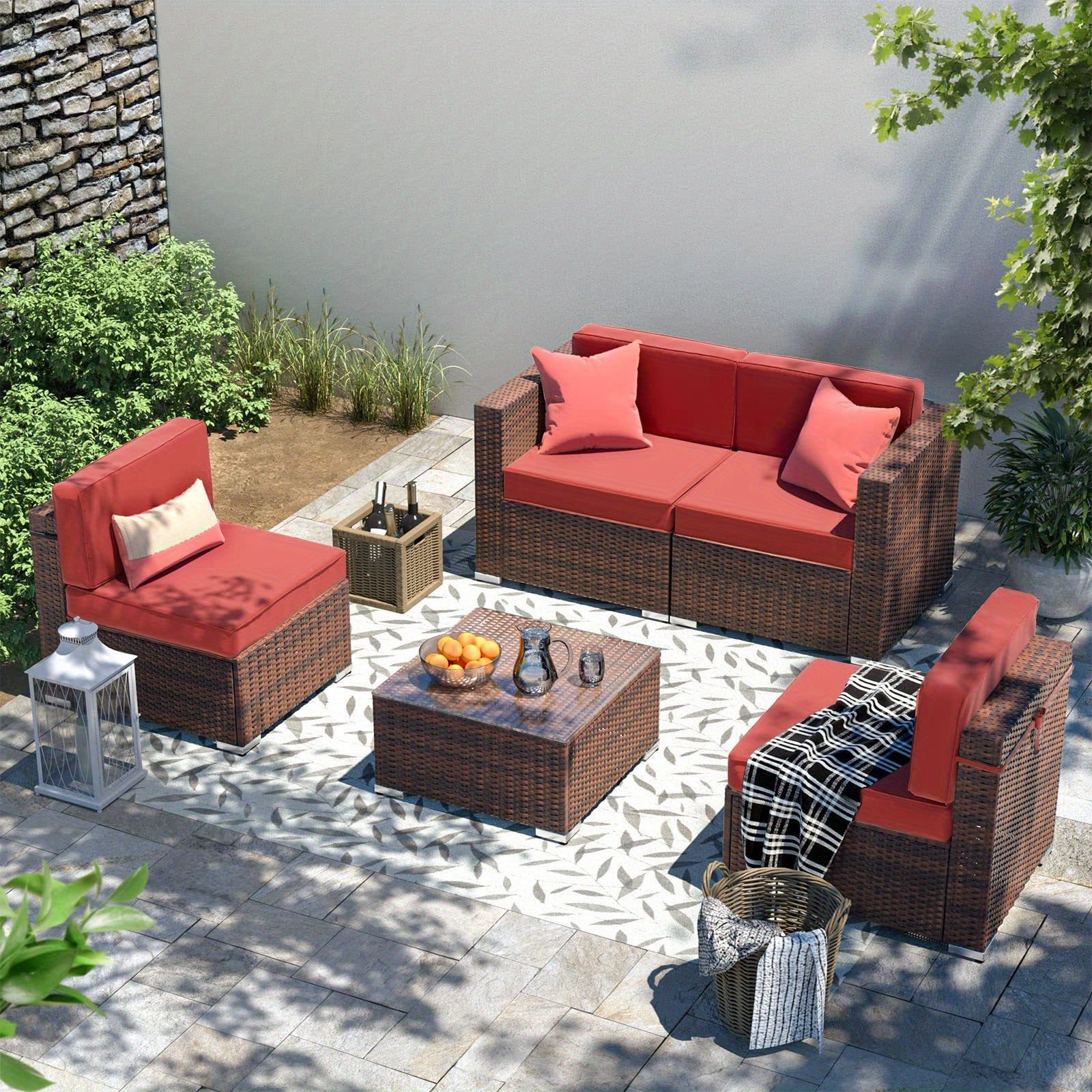 YOUDENOVA 5pcs Outdoor Sectional Sofa with Tea Table and Ottoman