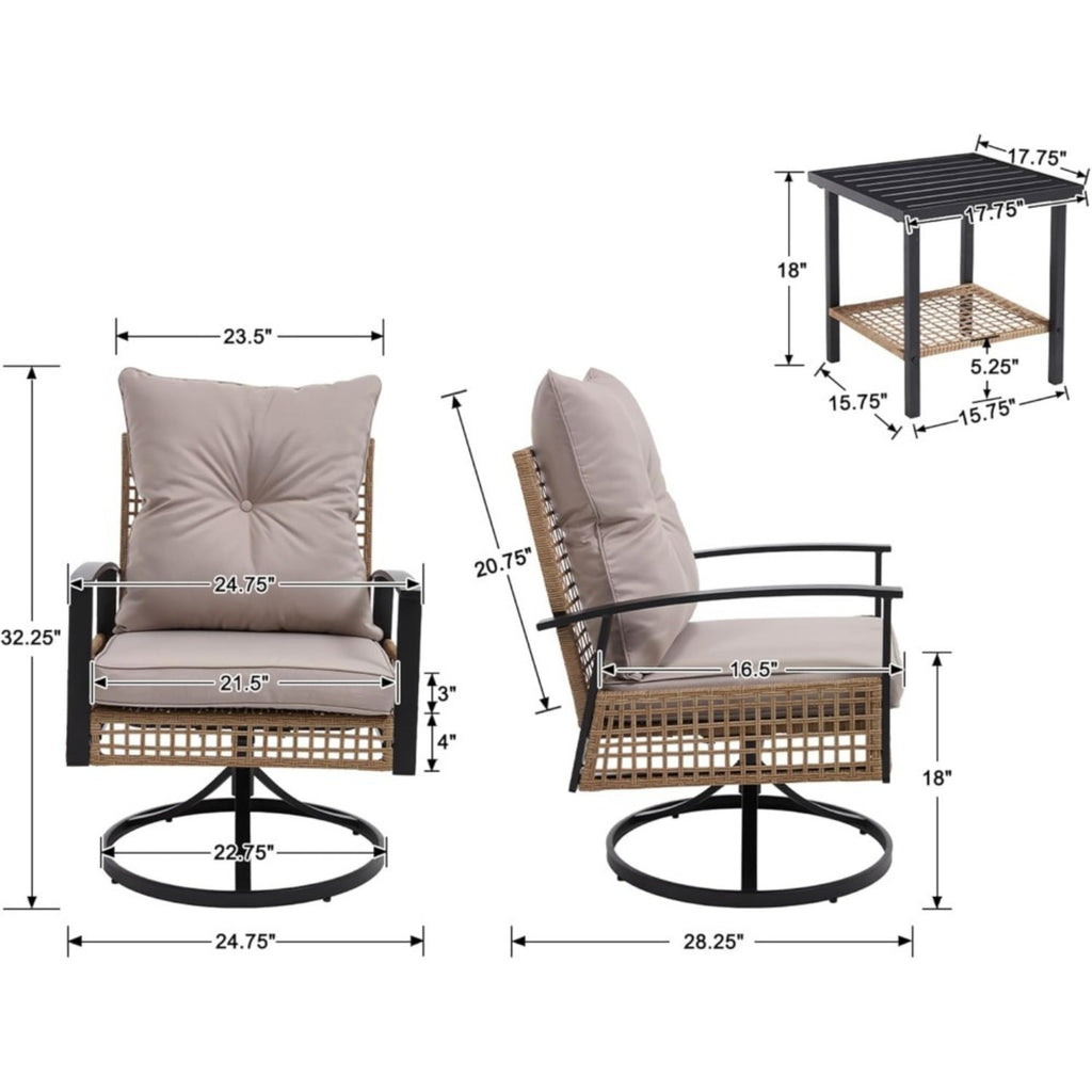 2pcs Outdoor Swivel Chairs with 1 Coffee Table, Set with Armrests