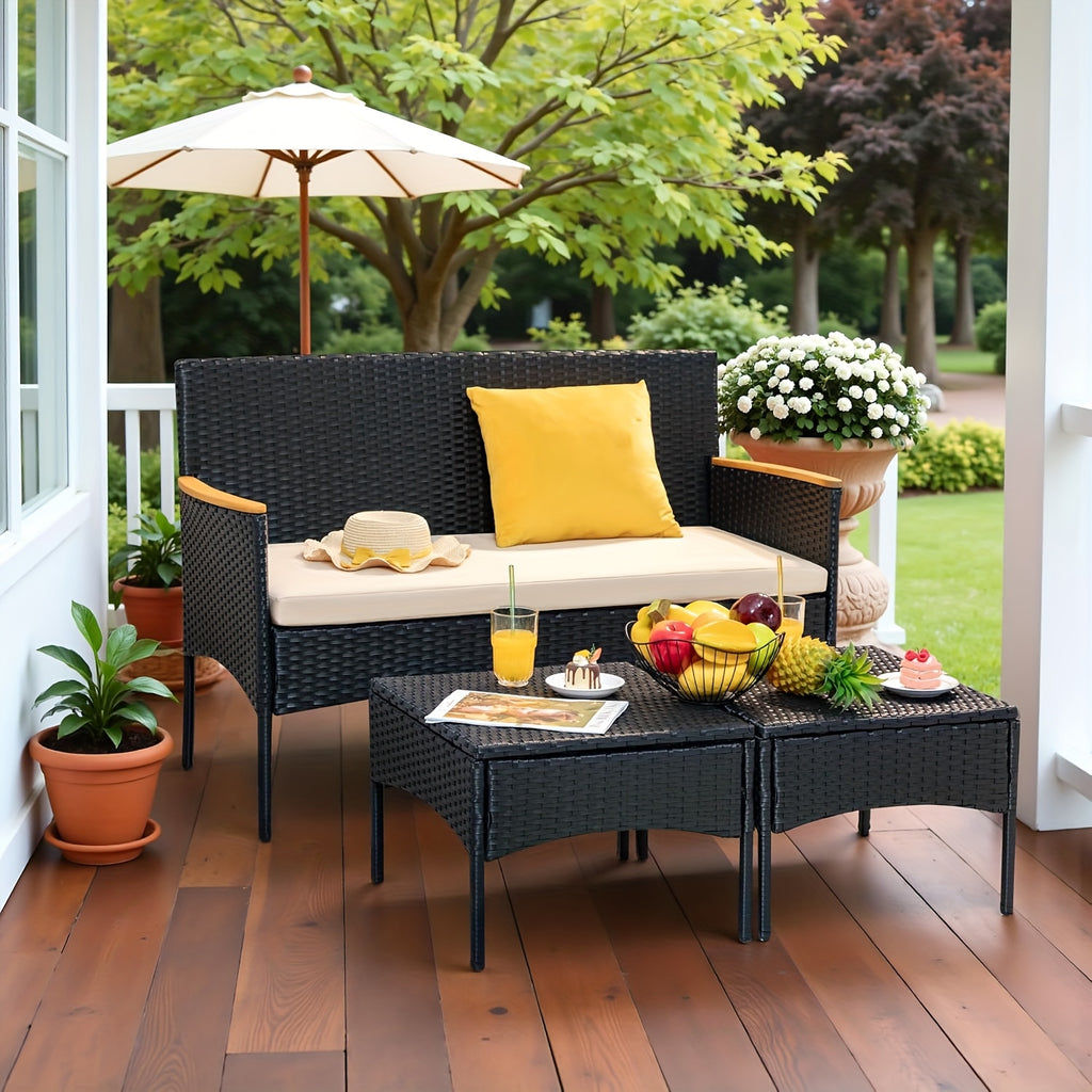 3pcs Outdoor Patio Furniture Set with Cushions - All-Weather Rattan Sofa