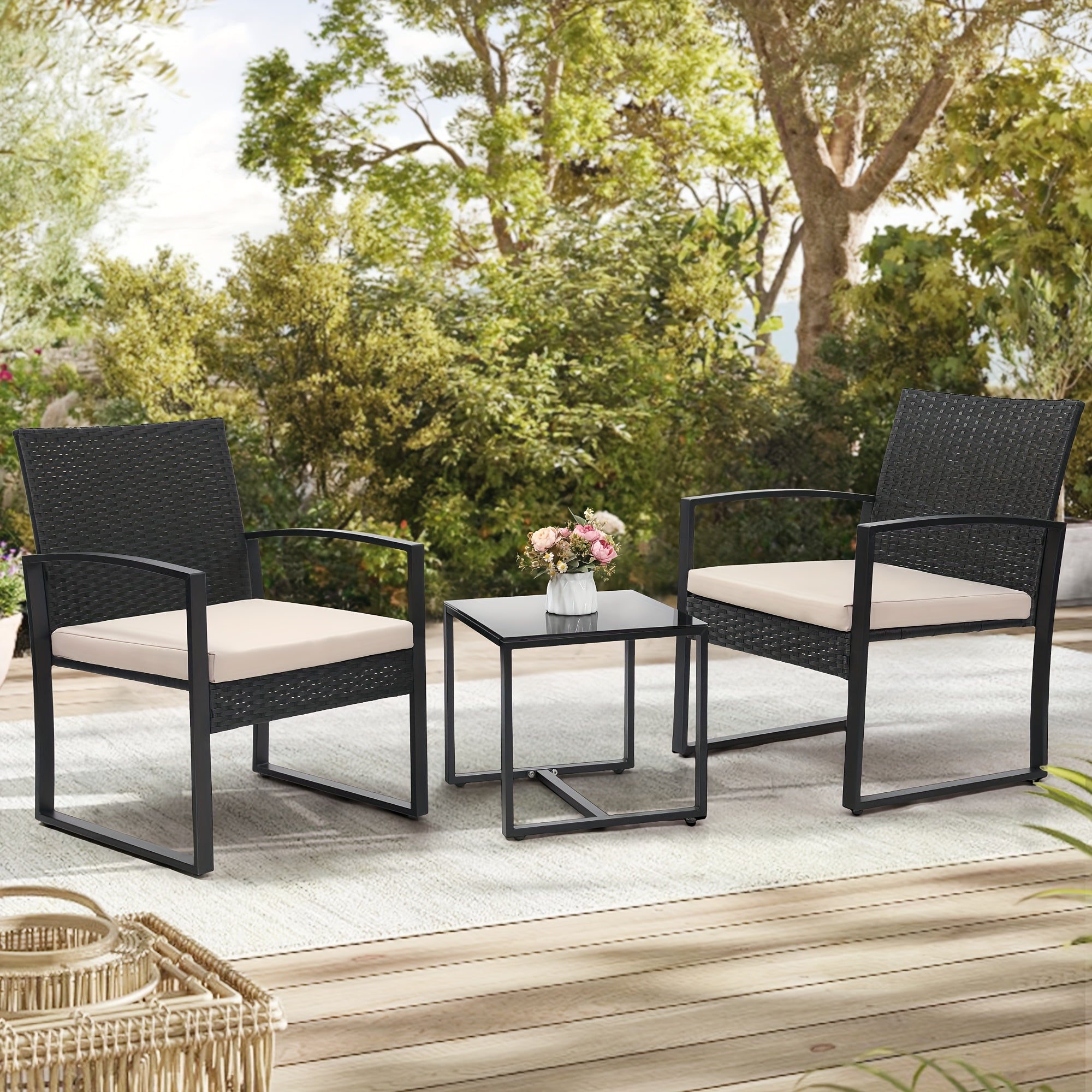 3pcs Outdoor Patio Furniture Set, 2 Waterproof Chairs And 1 Table Bistro Furniture Set