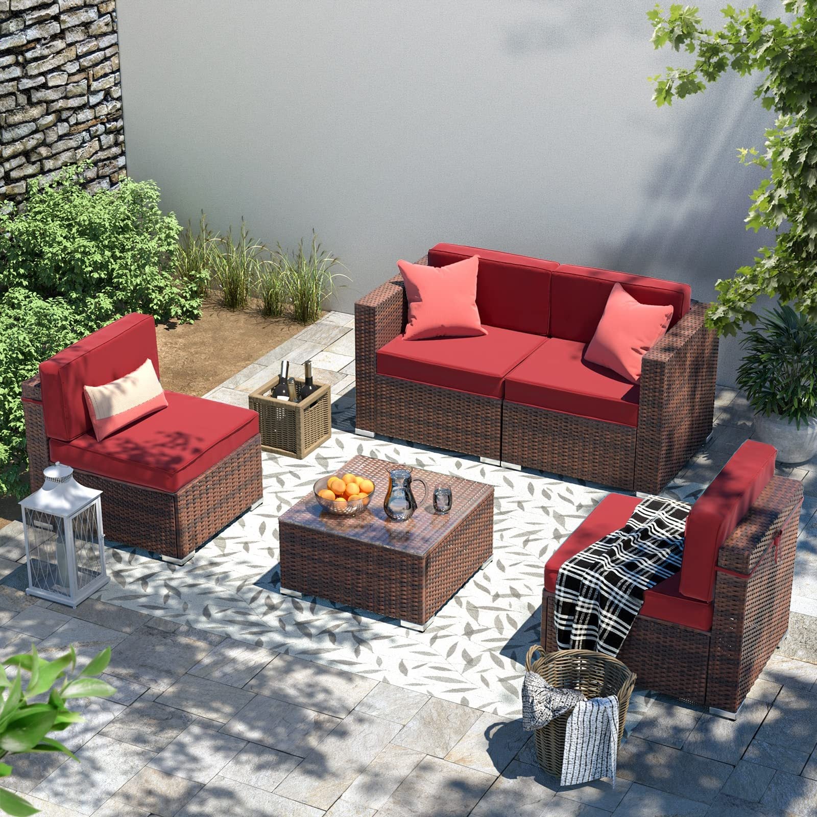 YOUDENOVA 5pcs Outdoor Sectional Sofa with Tea Table and Ottoman