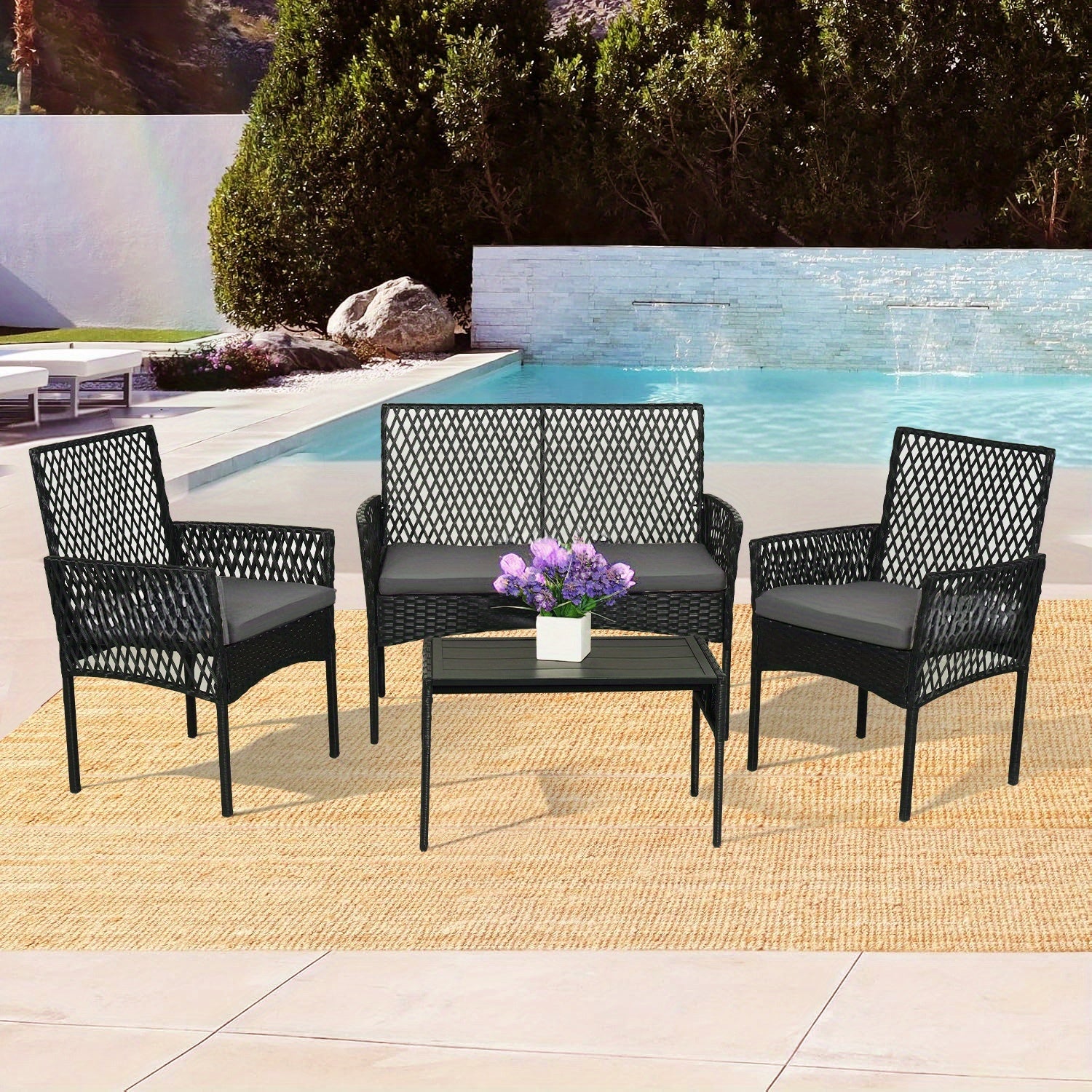 4pcs Outdoor Patio Furniture Set with Cushions & Coffee Table