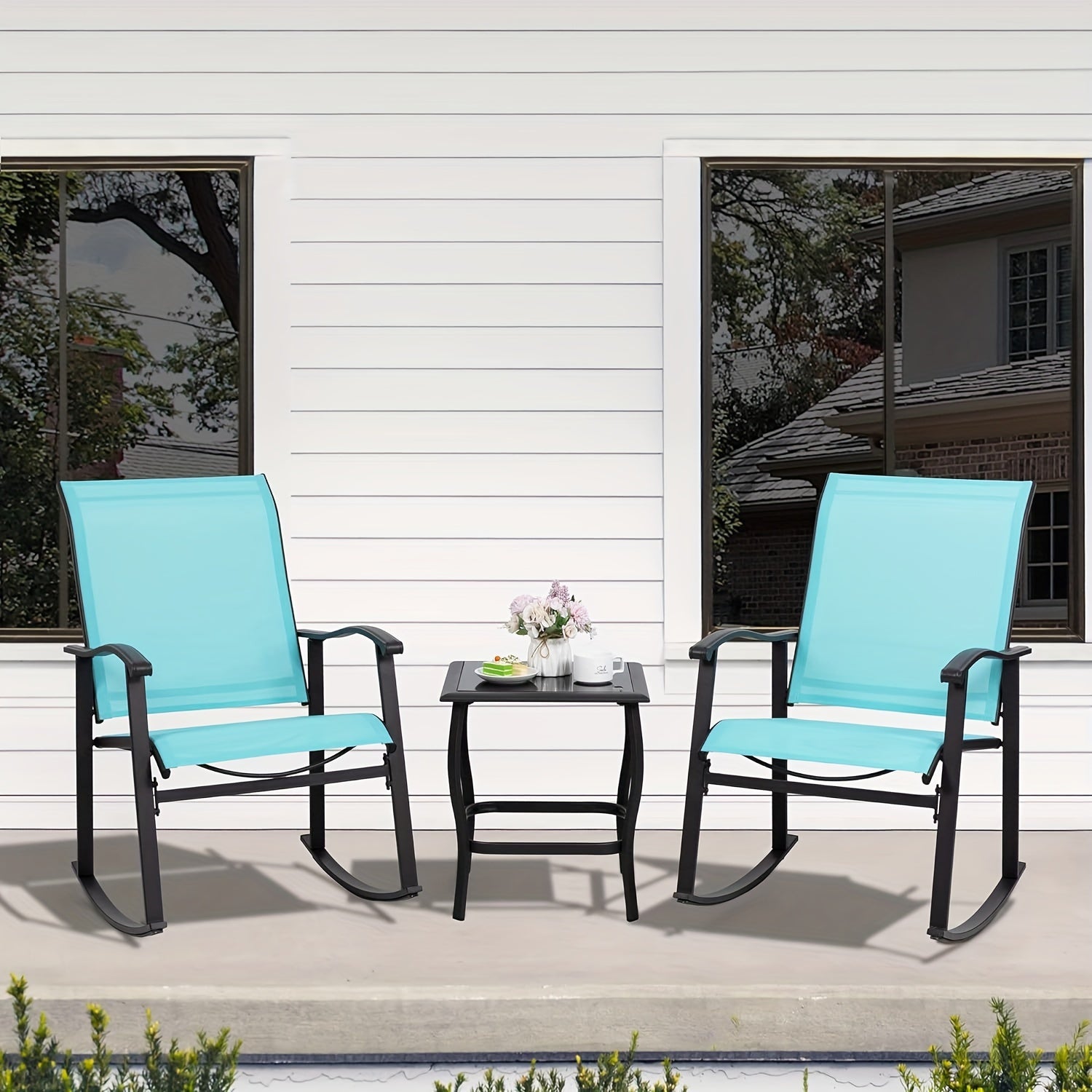 Jamfly 3pcs White Metal Rocking Bistro Set with Glass Coffee Table & Rocker Chairs