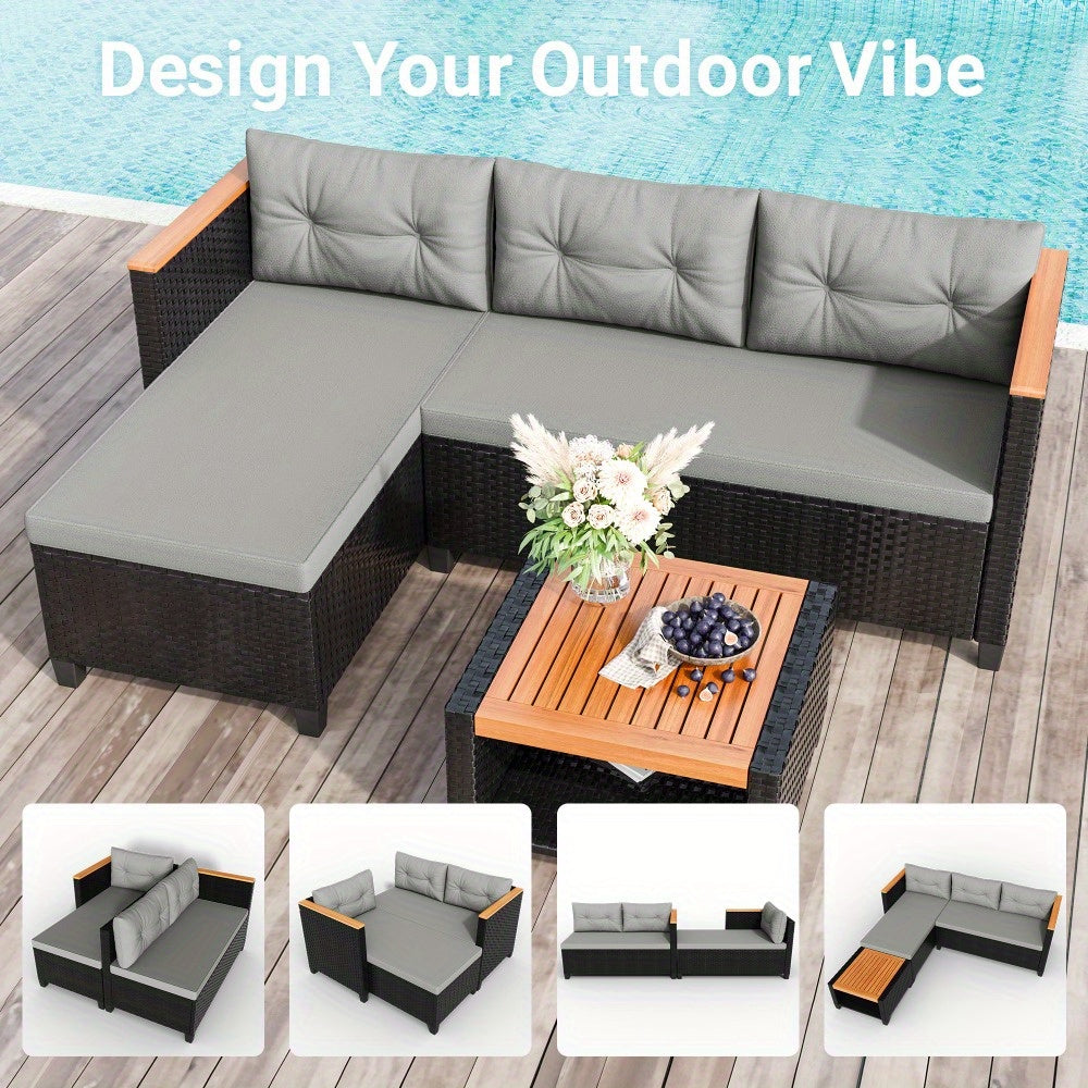 RoyalCraft 3pcs Outdoor Patio Furniture Set - L-Shaped Sectional with Storage Table & Cushions