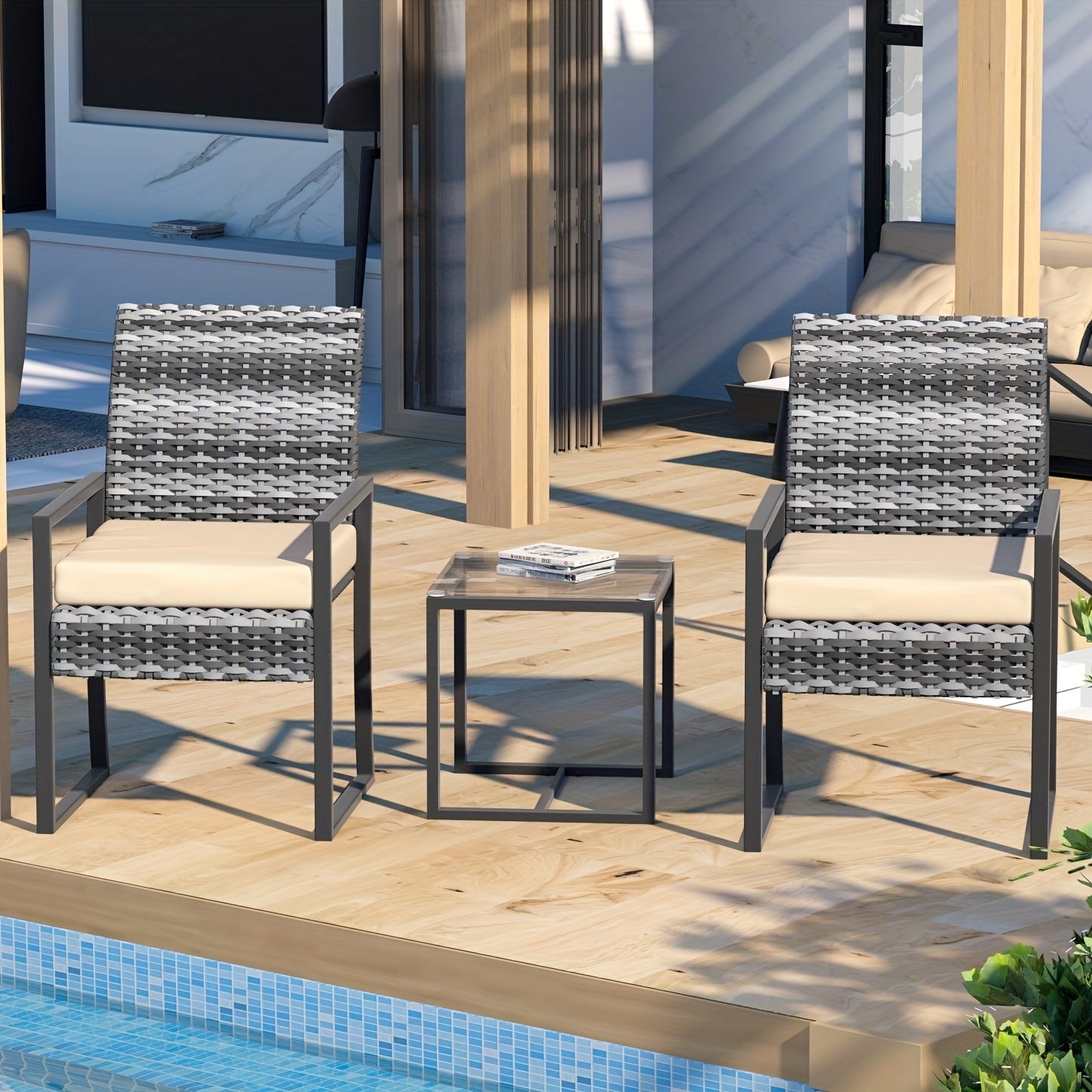 Outdoor Rattan Furniture Set Consisting of Three Pieces, Featuring Two Cushioned Chairs