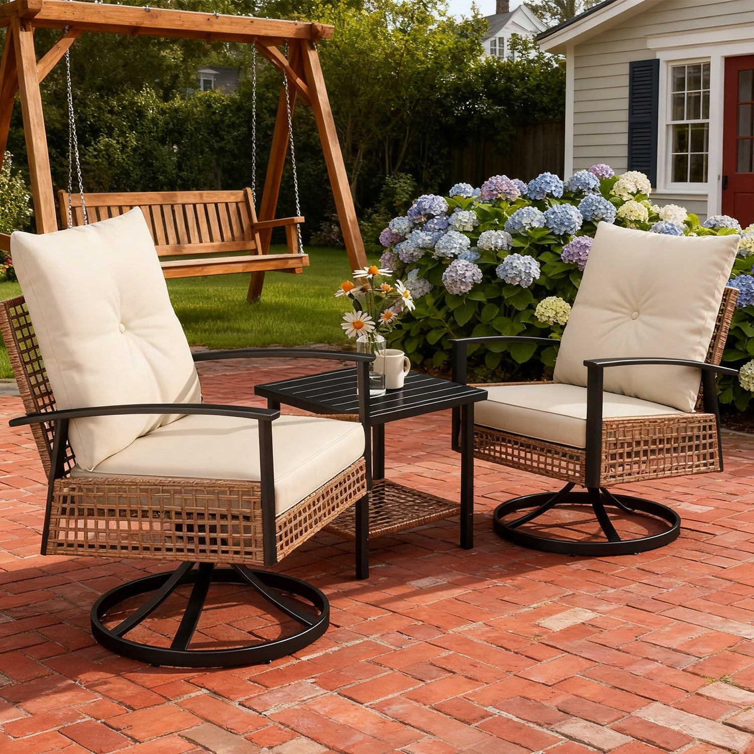 2pcs Outdoor Swivel Chairs with 1 Coffee Table, Set with Armrests