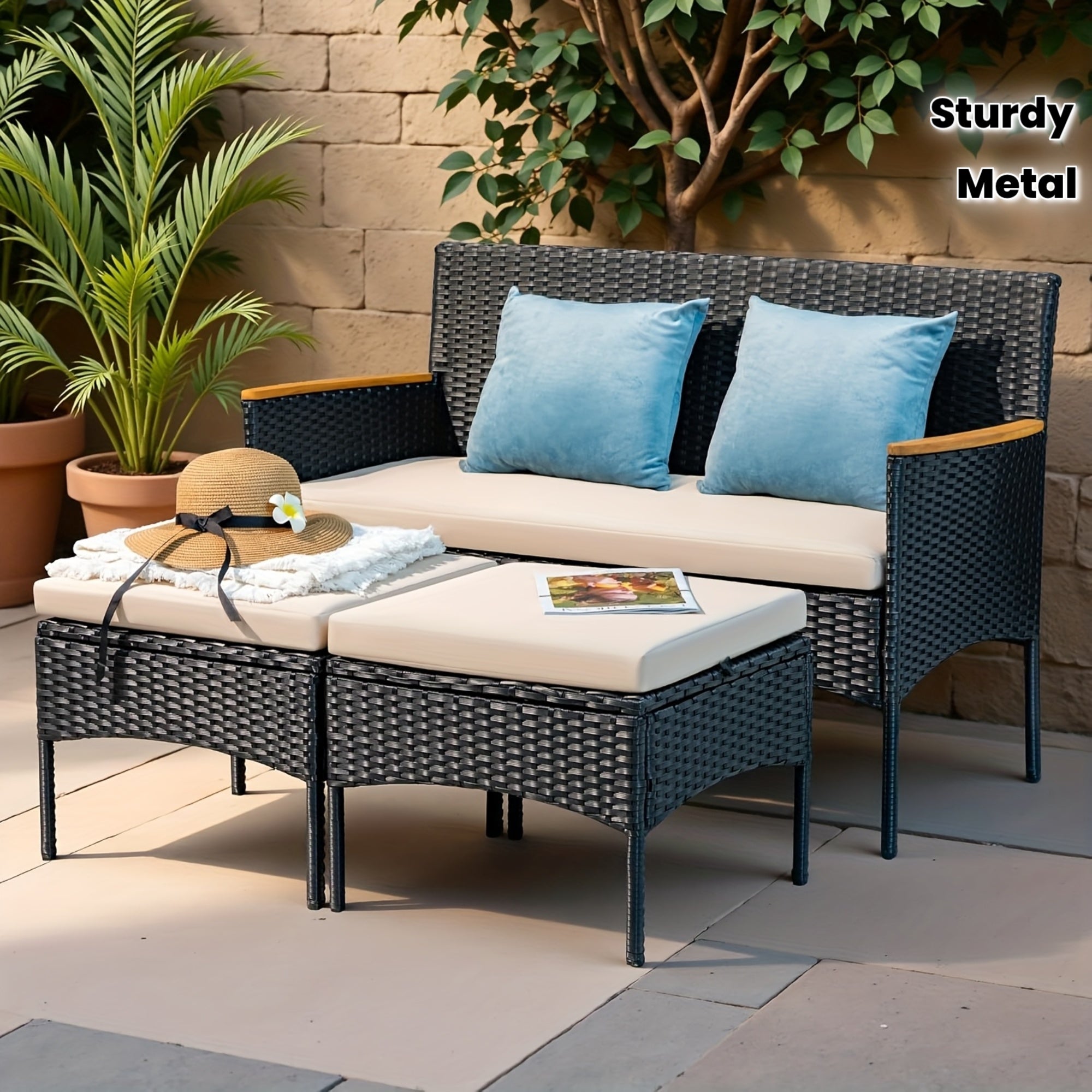 3pcs Outdoor Patio Furniture Set with Cushions - All-Weather Rattan Sofa