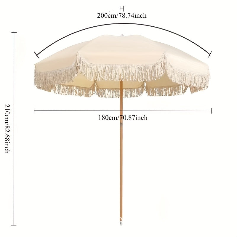 1pc Reversible Bohemian Style Striped Tassel Beach Umbrella - Windproof Steel Frame