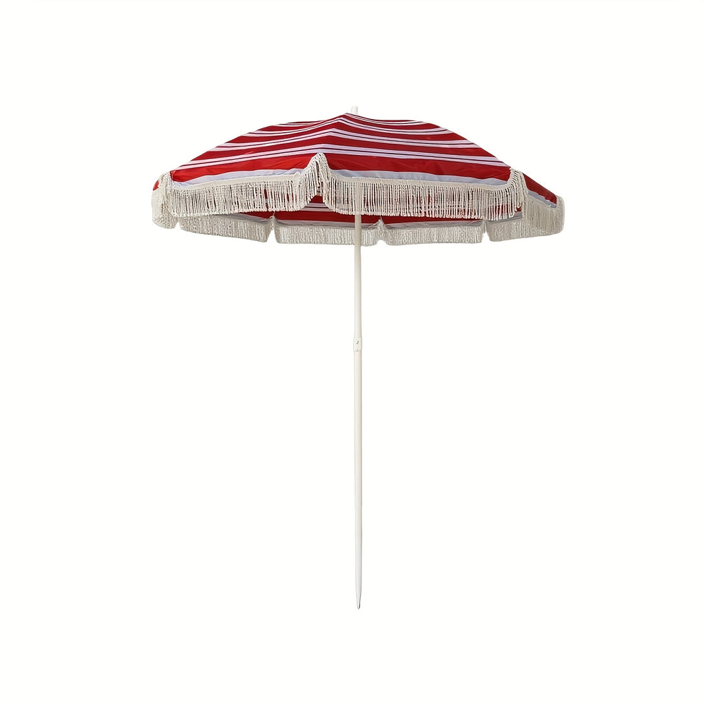 Boho Chic Red & White Striped Tassel Umbrella - Manual Open