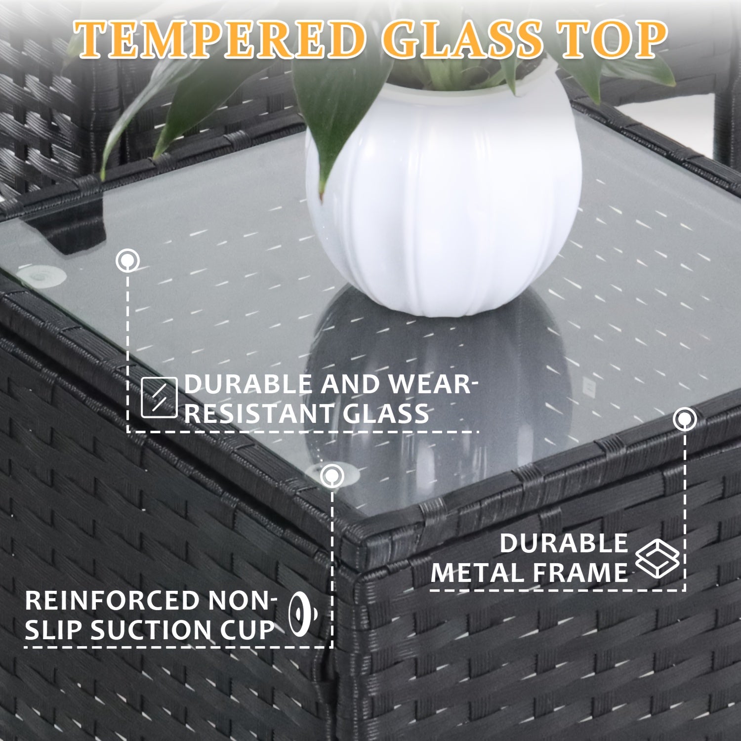 3pcs Outdoor Rattan Bistro Set: 2 Chairs with Cushions & Safety Glass Table for Patio