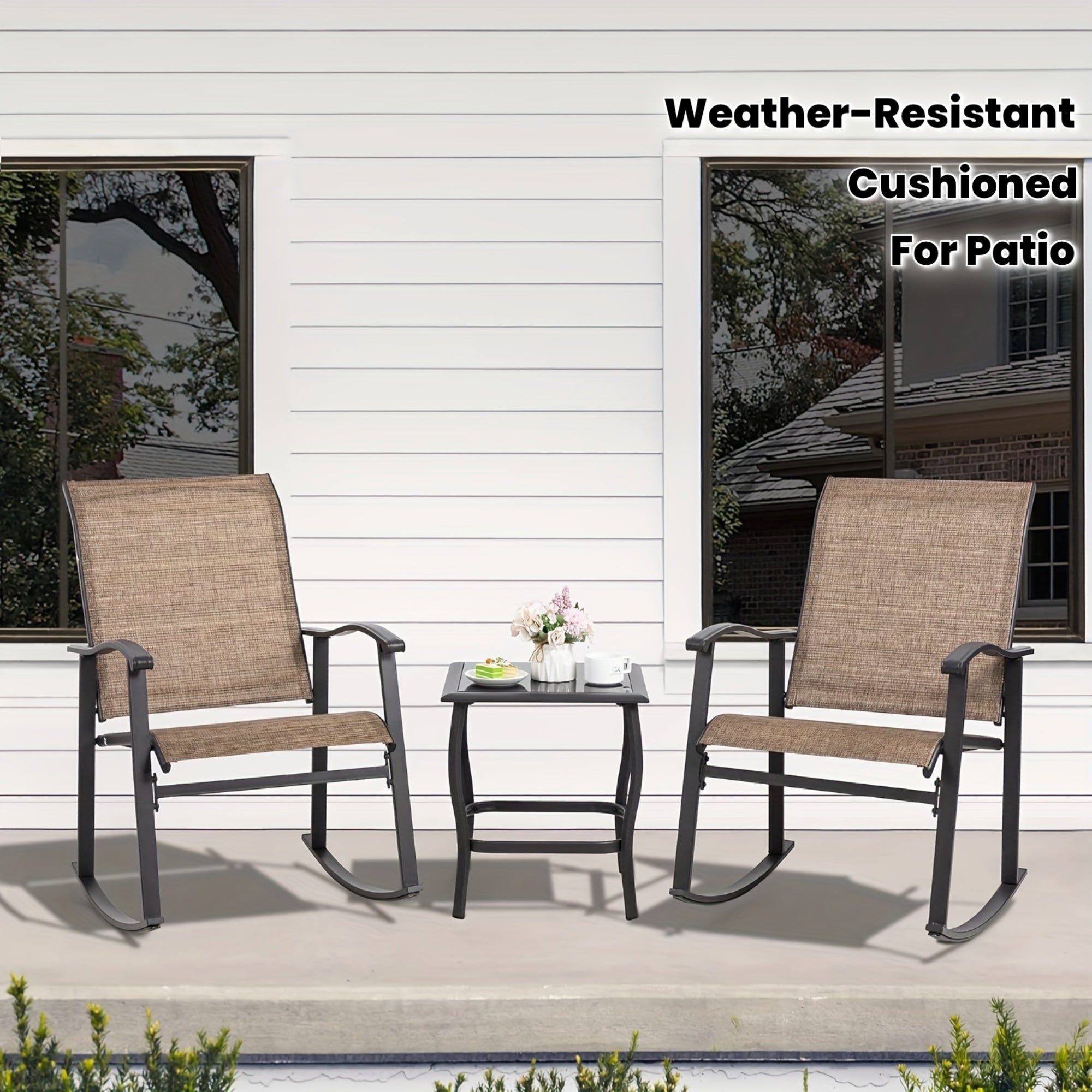 Jamfly 3pcs White Metal Rocking Bistro Set with Glass Coffee Table & Rocker Chairs