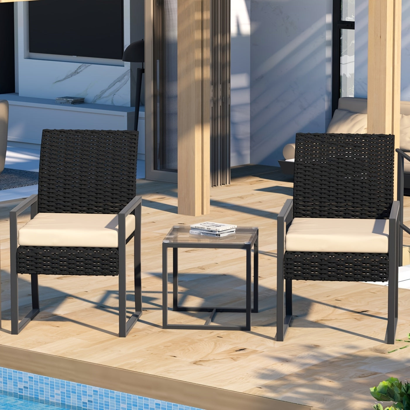 Outdoor Rattan Furniture Set Consisting of Three Pieces, Featuring Two Cushioned Chairs