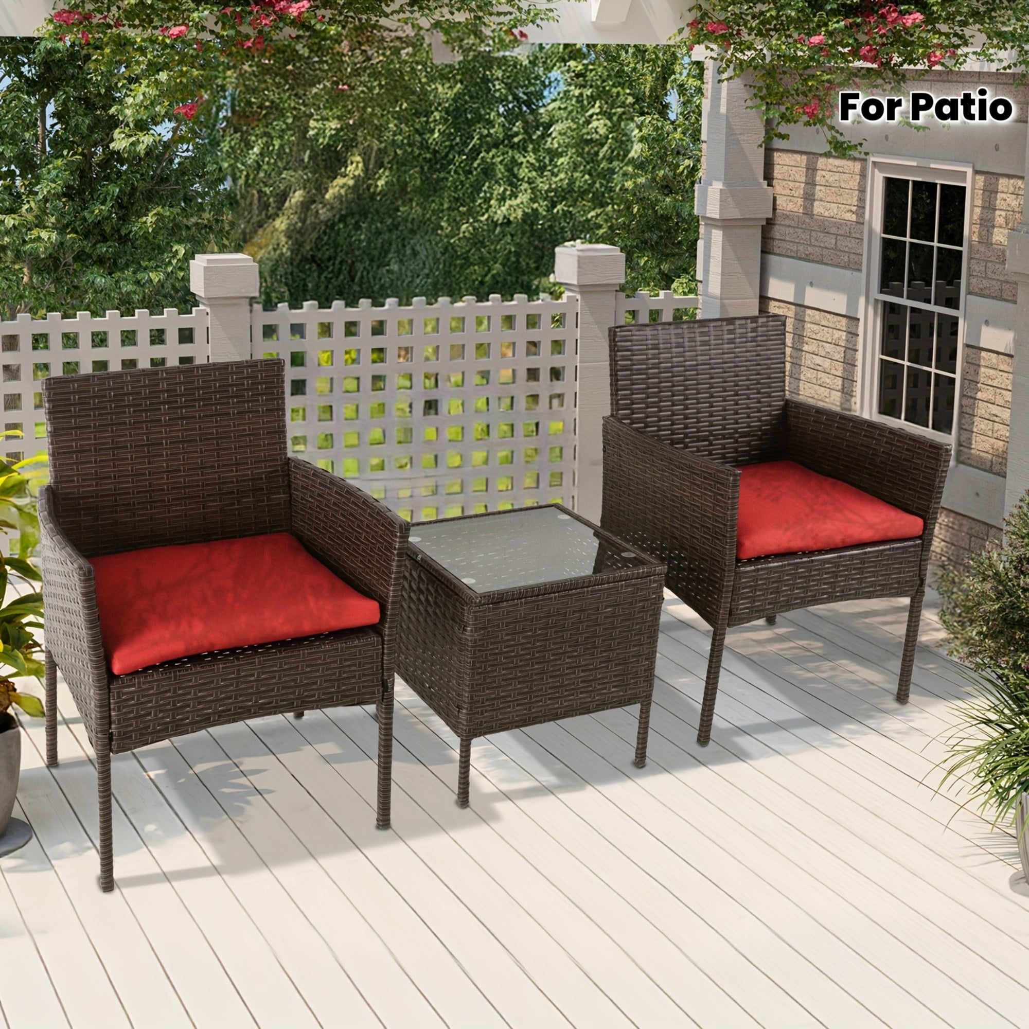 3pcs Outdoor Rattan Bistro Set: 2 Chairs with Cushions & Safety Glass Table for Patio