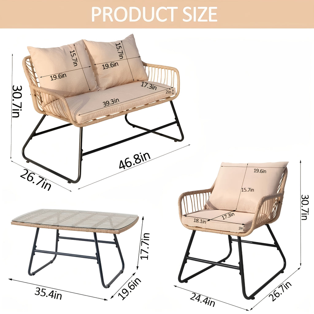 Patio Conversation Sofa Set with Table & Cushions Porch Furniture for Deck Balcony Backyard