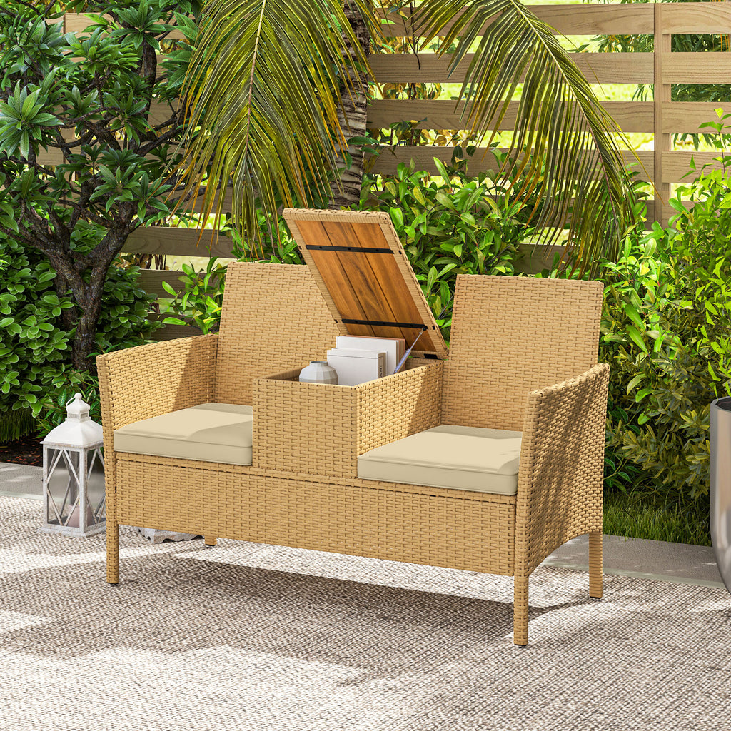 VINSETTO Rattan Patio Loveseat Sofa with Built-in Coffee Table - Khaki Outdoor Lounge Chair Set